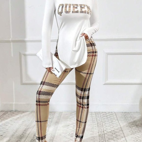 Plaid Letter Graphic Split Hem Tee & Plaid Print Leggings - Picture 3 of 4